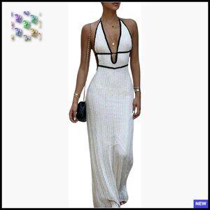Deep V Halter Backless Maxi Dress Boho Knit Formal Wedding Guest Elegant